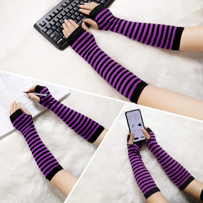 Bienvenu Punk Gothic Rock Long Arm Warmer Fingerless Gloves,Black Purple - Image 5